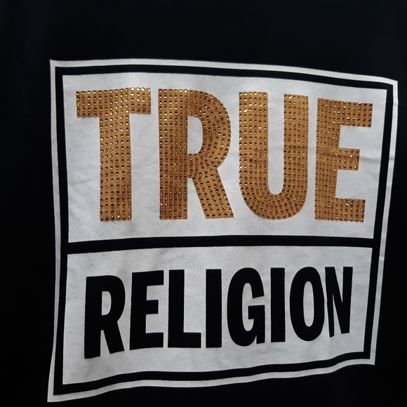 TRUE RELIGION Womens Size Small Long Sleeve Tee T-Shirt Black Embellished Gold - Picture 6 of 10